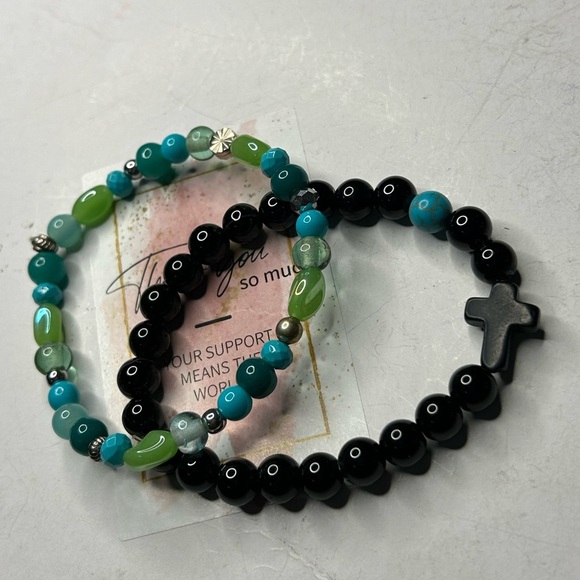 Black Onyx & Mixed Gemstone Cross Bracelet Set - Picture 1 of 3